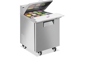 ROVSUN 27" W Sandwich Salad Prep Table Refrigerator ETL NSF, 7.1 Cu.Ft Commercial Refrigerator Salad Bar Stainless Steel w/12 Pans Cutting Board Lockable Wheels Front Door for Restaurant