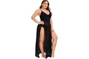 SOLY HUX Women's Plus Size Split Long Mesh Lingerie Dress Babydoll Chemise