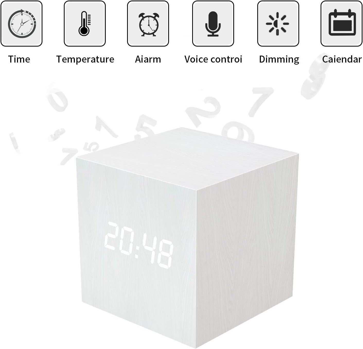 Wooden LED Digital Alarm Clock, Displays Time Date and Temperature, Cube USB Charger/3AAA Battery Powered Sound Control Desk Alarm Clock for Kids, Home, Office, Bedroom, Heavy Sleepers