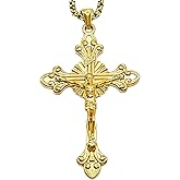 Ryinvaley Cross Necklace for Men,18k Gold Plated Necklace,Silver Gold Stainless Steel Men's Jesus Cross Pendant Necklaces,2.5mm Box Chain 24 Inch