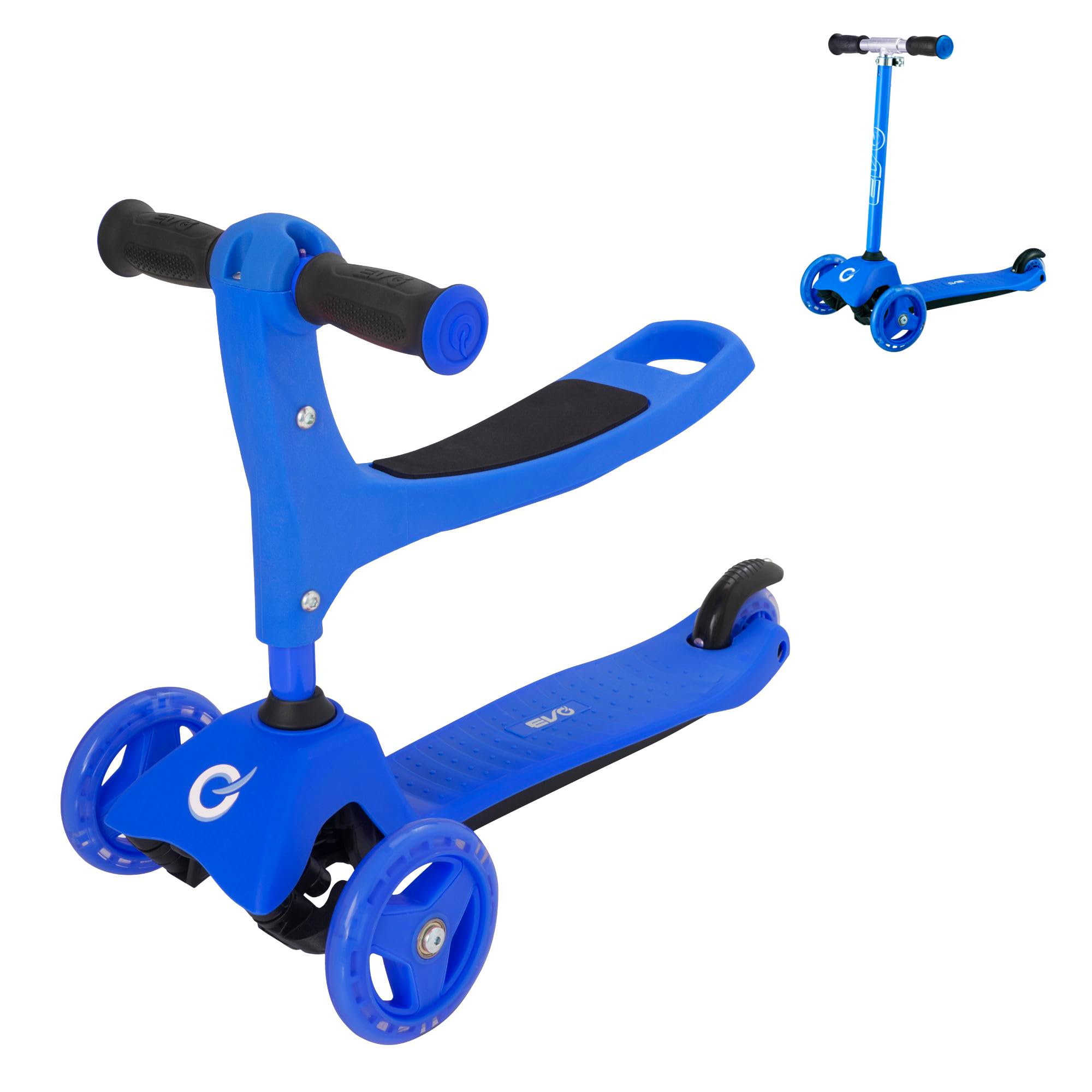 EVO 3-IN-1 Cruiser Scooter | Adjustable Handle Height | 3 Stage Interchangeable Design | Seated Into 2 Wheeled Push | Ideal First Scooter For Kids Ages 1-7 (Blue)
