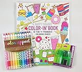 Coloring Book Bundle - 3 Items: International Arrivals Color Appeel Crayon Sticks - Set of 12, Coloring Book - Happy Snacks - 32 Pages - 9x12, and Crayon/Pencil Sharpener (colors may vary)
