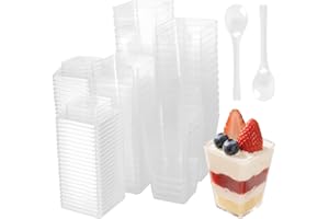 MOUYAT 100 Pack 5 oz Tall Square Clear Plastic Dessert Cups with Lids and Spoons, Dessert Containers Reusable Mini Yogurt Par