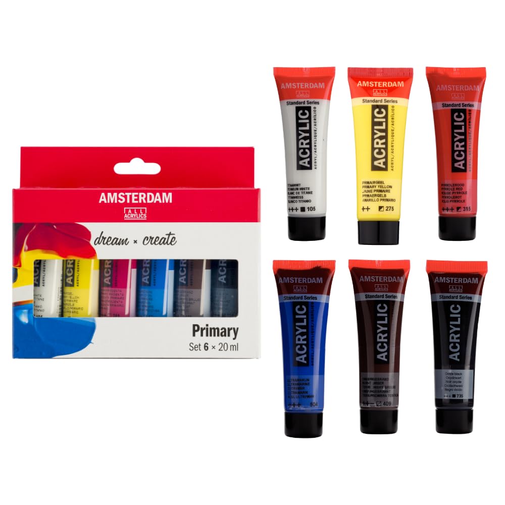 Amsterdam Standard Series Acrylic Paint Set | Color Theory Mixing Set (6 x 20 ml Tubes) | Primary Colors + Black, White & Umber