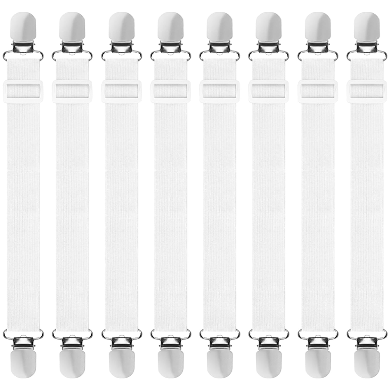 Hanyousheng 8 Pcs Bed Sheet Clips, 30 cm-130 cm Adjustable Bed Sheet Straps Elastic Sheet Clips, Sheet Grippers and Mattress Straps for Bedding, Mattress Covers, Bed Sheets, Sofa Cushion(White)