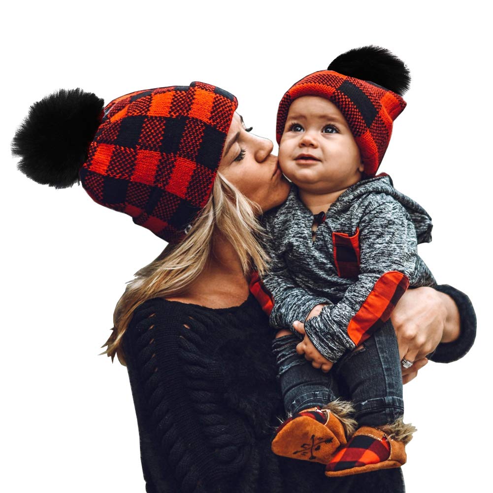 SoulQool SoulQ Parent-Child Family Matching Hats Mother Baby Knit Crochet Winter Warm Hat Pompom Beanie Cap 0-3 Years (Mother&Baby)
