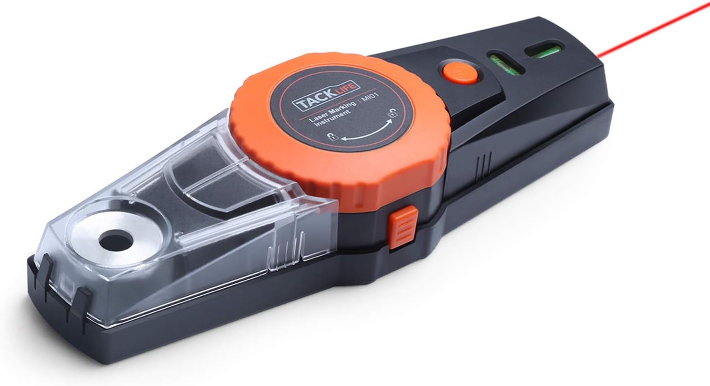 Laser Level, Tacklife DM03 Laser Line and Positioning Punching 2 in 1 Instrument Attached to Smooth Flat Wall Projecting Laser Line Equipped Box Collects Dust When Punching for Interior Architecture