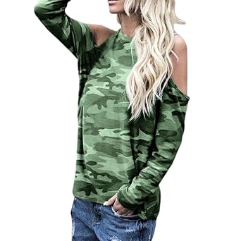 ESAILQ Frauen Schulterfrei Camouflage Langarm Bluse T-Shirt