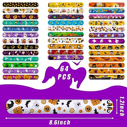 LOVESTOWN 64PCS Halloween Slap Bracelet Bulk, Halloween Slap Bracelets for Kids Snap Bracelets Wristbands for Halloween Giveaways Party Supplies Party Favors 36 Styles