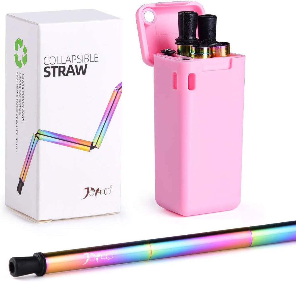 JOYECO Collapsible Metal Straws Reusable Foldable Portable Stainless Steel Straws Drinking with Case Cleaning Brush (1 Pack Pink)
