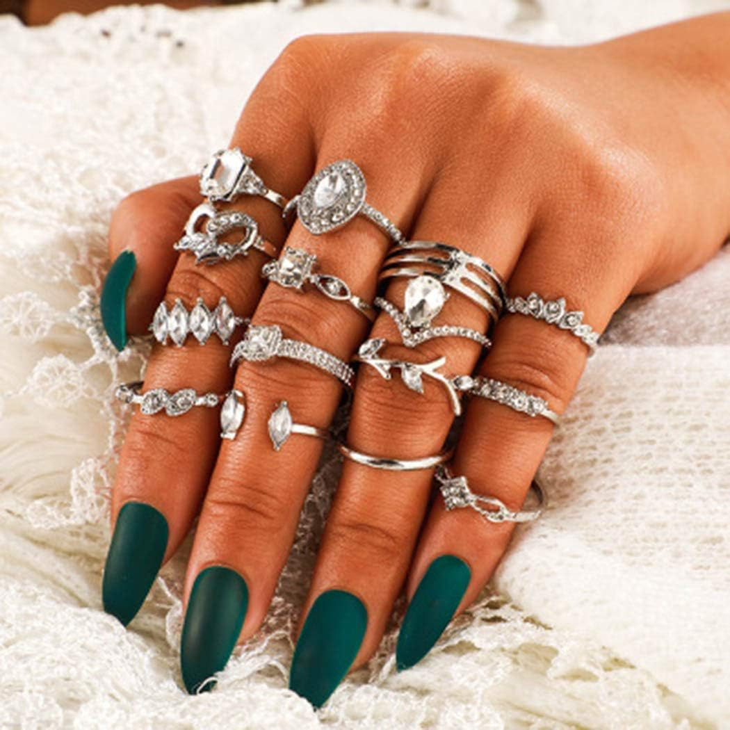 Graeen Knuckle Rings Heart Stackable Ring Leaf Finger Ring Set Silver Stacking Rings for Women and Girls(Pack of 15)(Style 3): Clothing