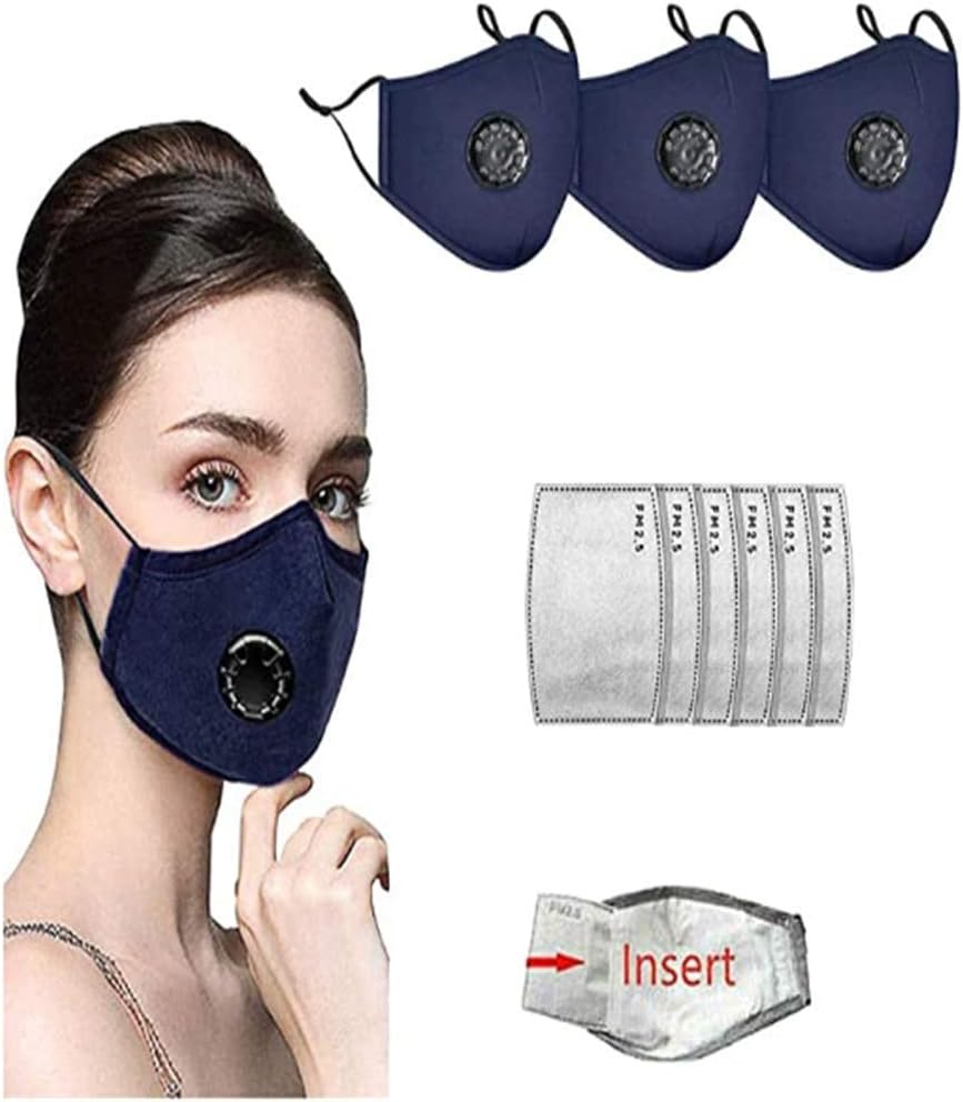 Face Bandanas with Breathing Valve + Activated Carbon Filter Replaceable Haze Dust for Adults (3pcs + 6 Filter, Blue)