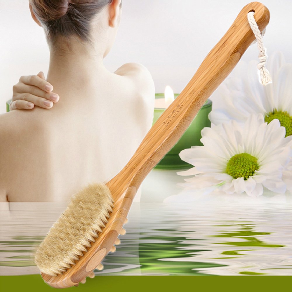 Bath Brush,Back Scrubber,Aneky Soft Natural Bristles Back Brush with Long Handle for Exfoliating Skin & Wood Beads for Massage - Use Wet or Dry -Suitable for Men and Women
