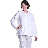 LA CERA Women's Embroidered Snap Front Fleece Bed Jacket, Banded Collar, Dual Pockets, Long Sleeves, Machine Washable