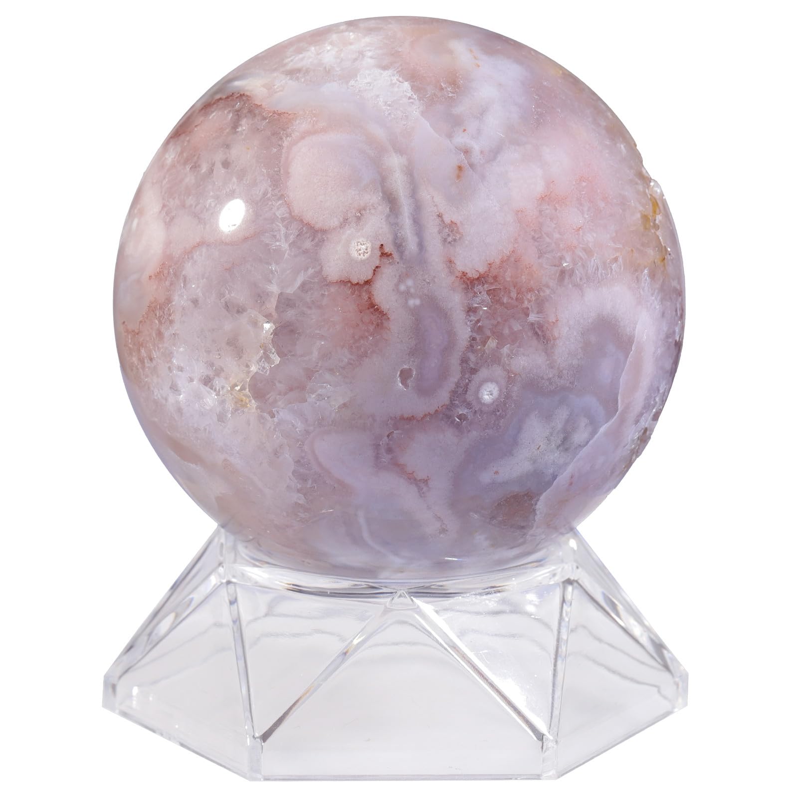 mookaitedecor 71-80mm Cherry Blossom Agate Crystal Ball Sphere Ornament with Stand Rare Crystals and Gemstones for Collecting, Pink Sakura Agate Stone Healing Crystal Geode Ball Gift Rock and Mineral