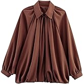 AKODOZO Womens Puffed Bomber Oversized Jacket Batwing Sleeve Streetwear Lapel Collar Zip Front Pleated Blouse Shirt