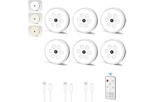 POZICO LED Puck Lights with Remote Control, Wireless Motion Sensor Under Cabinet Lighting, 3 Colors USB Rechargeable Dimmer Step Light, Night Safe Light for Closet, Kitchen, Counter, Stairs (6 Pack)