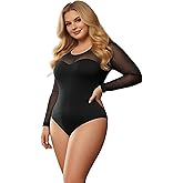 sunshinelady Women's Mesh Bodysuit Crew Neck Long Sleeve Body Suits Sexy Sheer Leotard Tops Black Going Out Bodysuit Tops