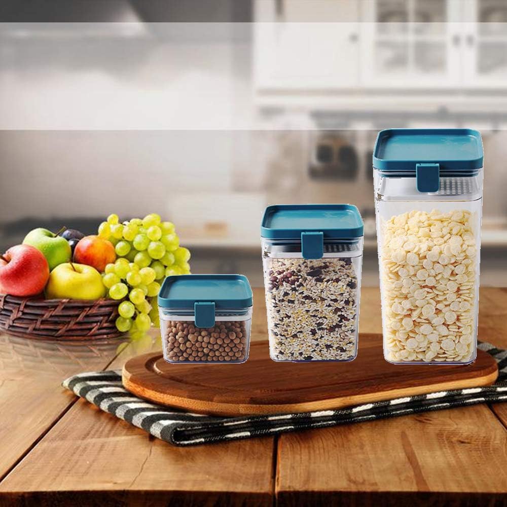 WJHWSX 3pcs Essentials Food Storage/Airtight containers Buckle Transparent Multigrain Sealed Plastic Moisture-Proof Square Can… (Blue)