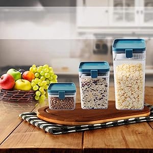 WJHWSX 3pcs Essentials Food Storage/Airtight containers Buckle Transparent Multigrain Sealed Plastic Moisture-Proof Square Can… (Blue)