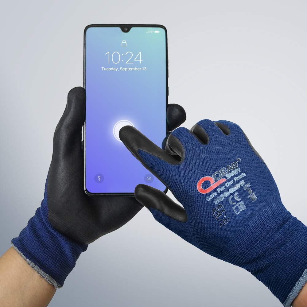 QEARSAFETY 3 Prs Navy Blue Screen-Touch Work Safety Gloves, Foam Breathable Nitrile Rubber Palm Coated, Knitted Quality Liner - Image 3