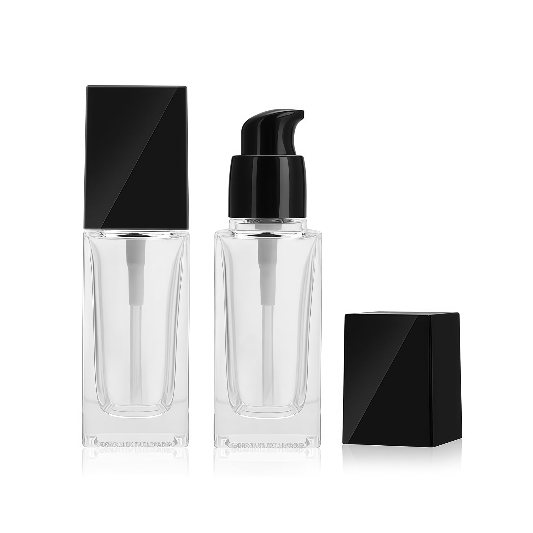2Pcs 30ml/1oz Empty Clear Square Glass Emulsion Essence Pump Bottle With Black Pump Head Cosmetic Foundation Travel Jars Containers Dispenser for Lotion Cleanser Essential Oils