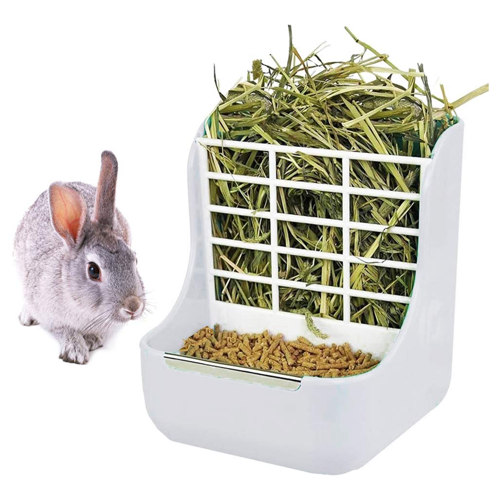 Rabbit Feeder Bunny Hay Food Bin Feeder, Hay and Food Feeder Bowls Manger Rack for Rabbit Guinea Pig Chinchilla and Other Small Animals (White)