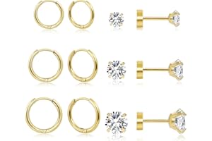 SWEETKIKI Dainty 6 Pairs Surgical Steel Earrings Sets for Multiple Piercing, Lightweight 14K Gold Plated Small Huggie Hoop Earrings, Flat Back Tiny Ball CZ Stud Earrings for Cartilage, Helix, Lobe, Hypoallergenic