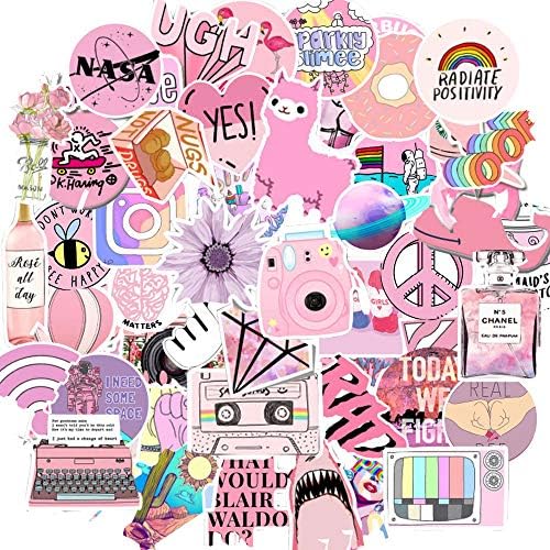 Cute Pink Stickers, 53 Pcs Teen Girl Decal Stickers for Laptop and Water Bottles,Durable Waterproof Vinyl Laptop Decal Stickers Pack for Teens, Water Bottles, Computer, Travel Case (Pink Lady)