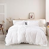 Luxlovery White Ruffle Comforter Set Full Farmhouse Boho Bedding Comforter Set Plain White Shabby Chic Solid Blanket Quilts Vintage Rustic Bedding Set with Ruffles for Full Bed