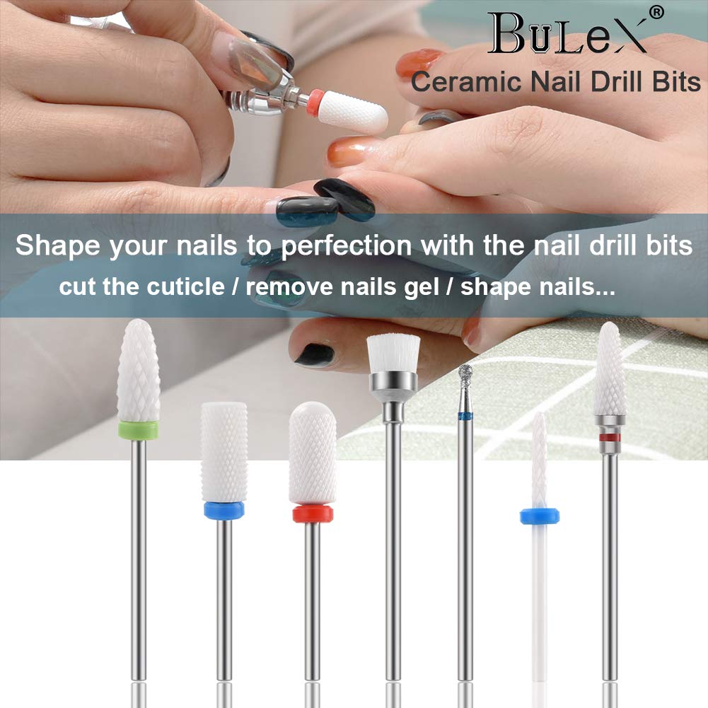 Bulex 7pcs Nail Drill Bits for Acrylic Nails - 3/32 Professional Ceramic Nail Drill Bit Set for Cuticle Acrylic Gel Nail Polishing Manicure: Beauty