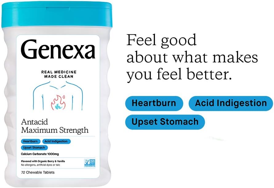 Genexa Antacid Maximum Strength – 72 Tablets | Calcium Carbonate Antacid, Non-GMO & Certified Gluten-Free | Heartburn Fix | Free of Talc, Dyes & Parabens: Health & Personal Care