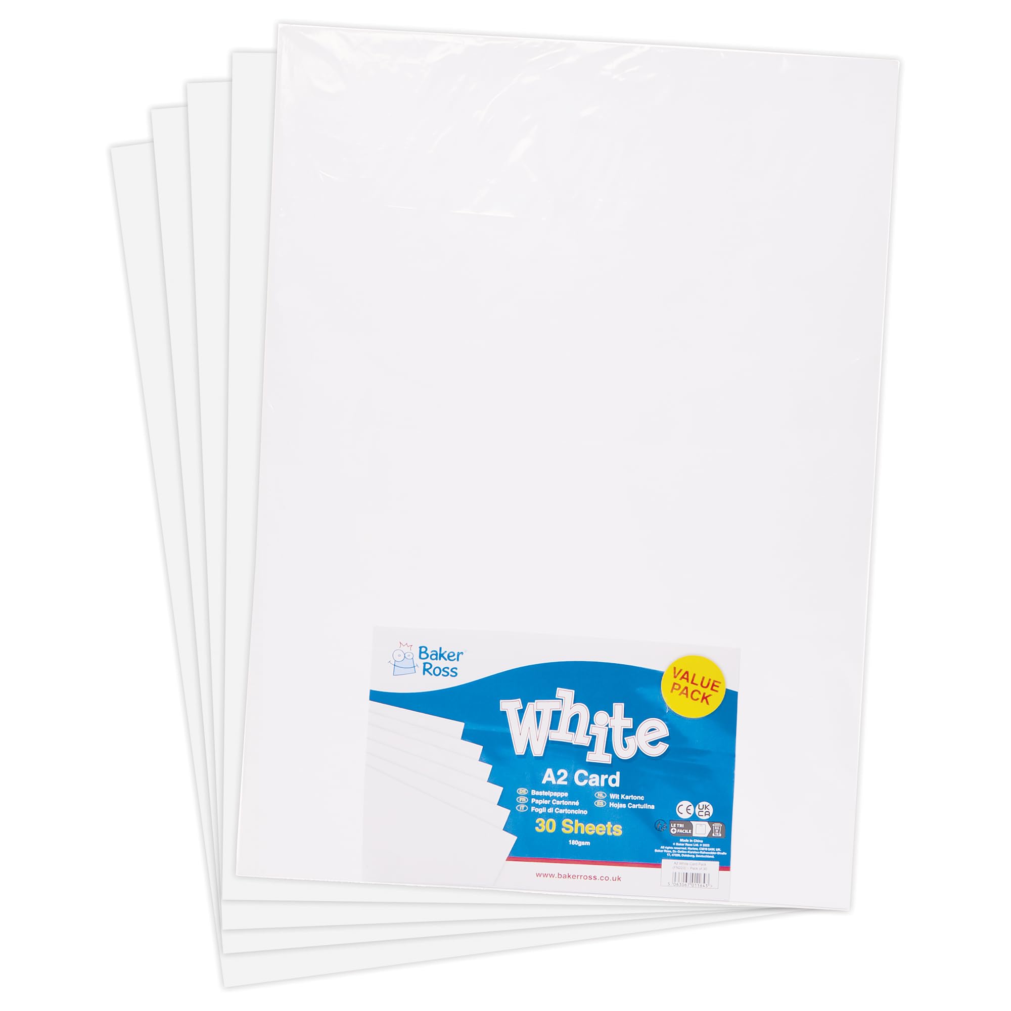 Baker Ross FN223 A2 White Card Pack - Pack of 30, Plain Paper Sheet, Blank Sheets for Arts and Crafts