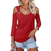 Minetom Women's V Neck 3/4 Sleeve Shirts Cold Shoulder Tops Basic Summer Tees