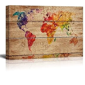 Abstract Colorful World Map on Vintage Wood Background