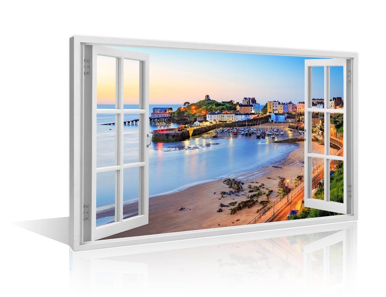 TISHIRON Tenby Harbour Pembrokeshire Wales Wall Art UK Bathroom Decor Wall Art 1 Panel Sunrise Wall Decor Artwork for Home Walls Stretched and Framed Canvas Wall Art Ready to Hang (16''Wx 24''H)