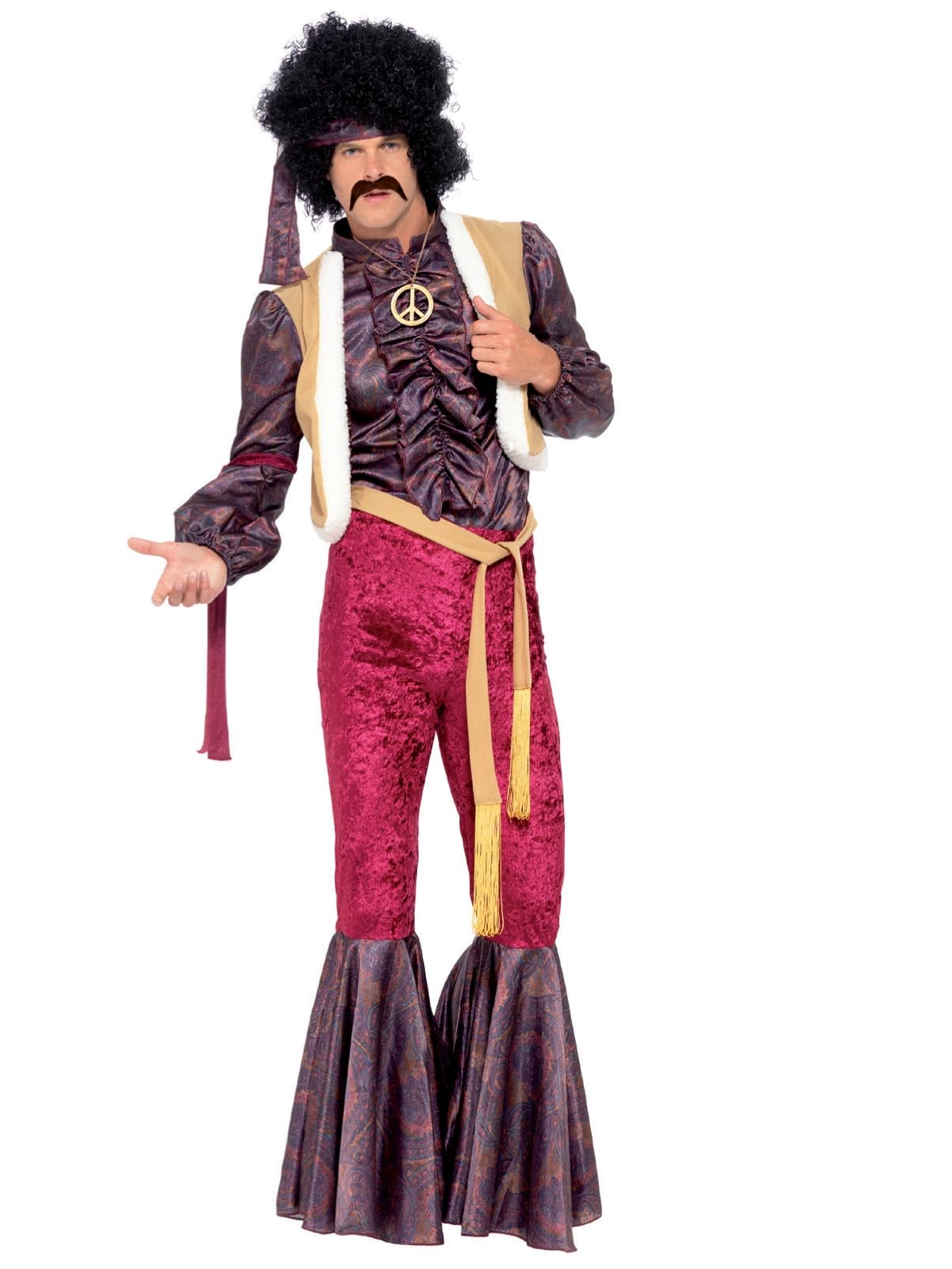 Smiffys 70s Psychedelic Rocker Costume, Purple Top with Attached Waistcoat, Flares & Headpiece, 1970's Disco Fancy Dress, 1970s Dress Up Costumes