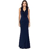Xscape Womens Xscape Women's Floor-Length, Sleeveless, V-Neck, with Ruffled Neckline, Draped Detail, and Fitted Silhouette