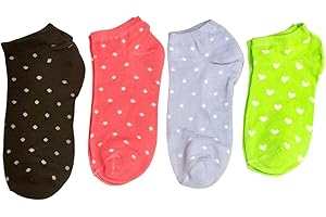 Stella & Sage Women's No-Show Ankle Socks, 4 Pack Cute Heart & Polka Dots, Multicolor: Black Pink Blue Green, Low Cut Soft Br