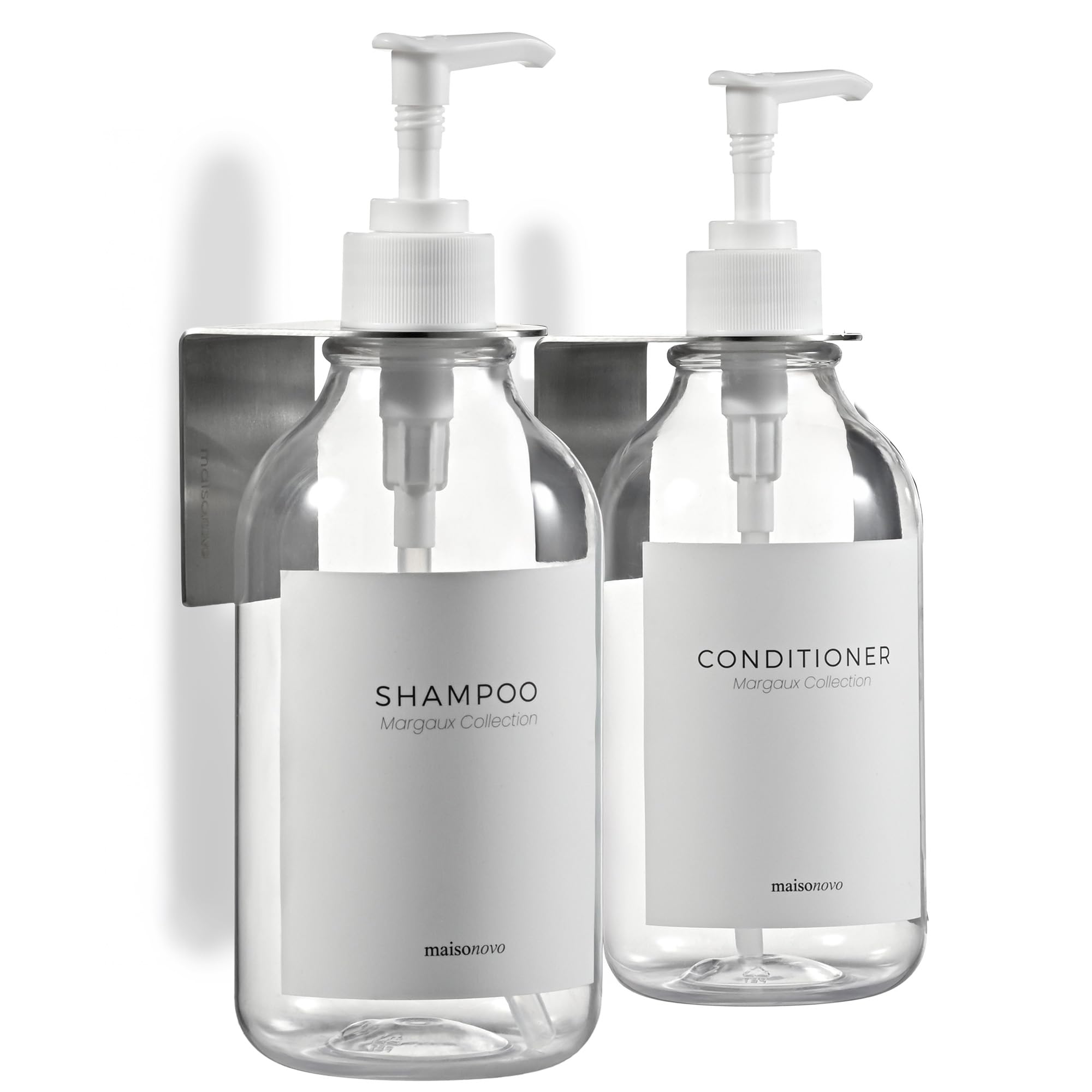 MaisoNovo Shampoo and Conditioner Dispenser Set of 2-500 ml Clear Shower Gel Dispenser Wall Mounted with White Pumps - Drill Free Secure Mounting