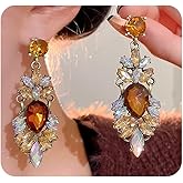 Large Gold Rhinestone Chandelier Earrings for Women, Colorful Bling Cluster Crystal Drop Dangle Earrings Big Sparkling Aesthetic Ear Jewelry
