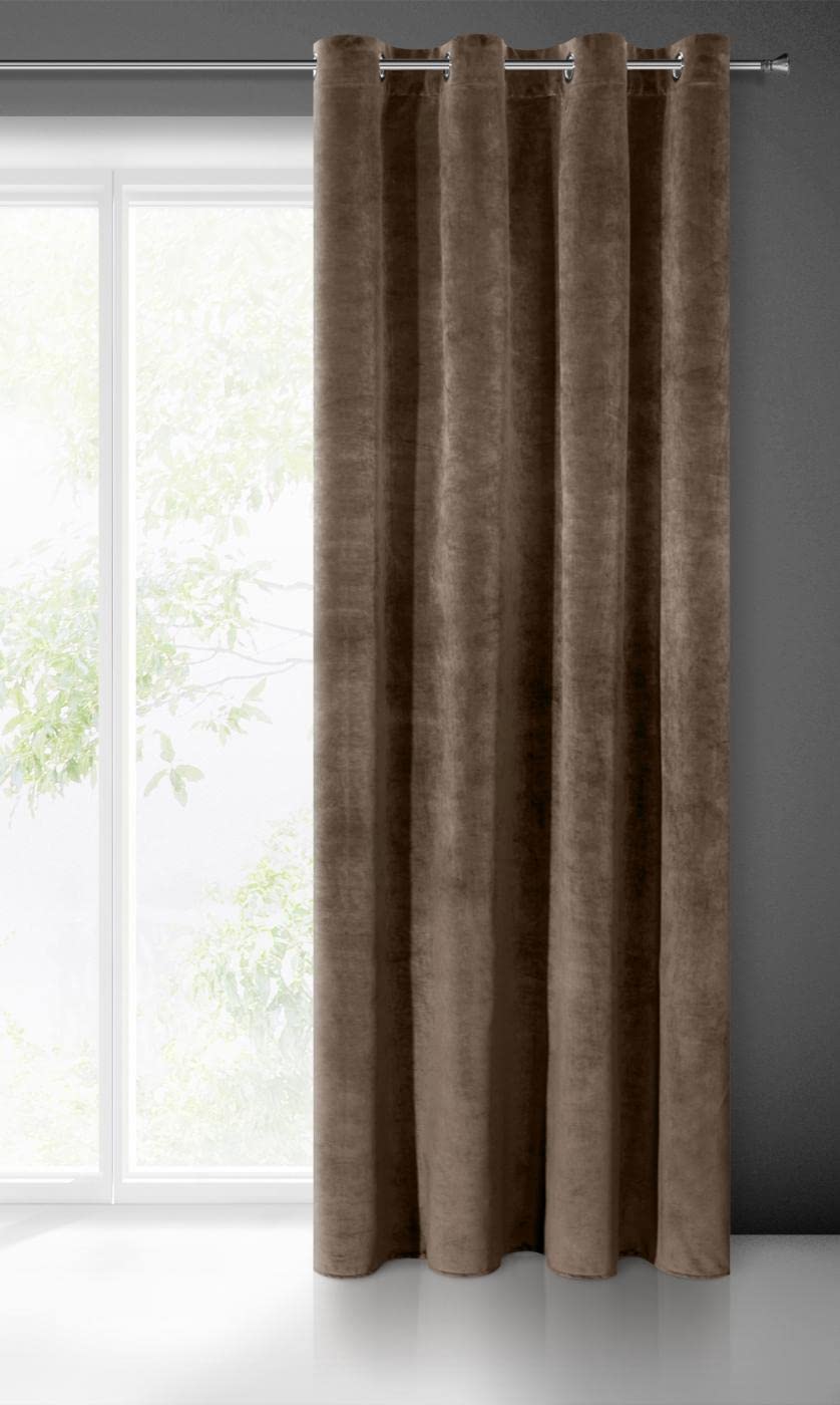Eurofirany VILLA Soft Plain Opaque Velvet Curtain with Eyelets - 1 Unit, Fluffy Panel Drape Classic Glamour Elegant Living Room, Bedroom, 290 g/m2, W55 x L98, Brown