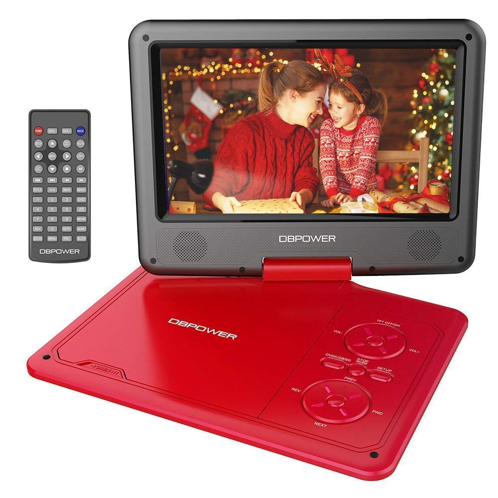 DBPOWER 11.5" Portable DVD Player, 5-Hour Built-in Rechargeable Battery, 9" Swivel Screen, Support CD/DVD/SD Card/USB, with Remote control, 1.8M Car Charger and Power Adaptor (Red)
