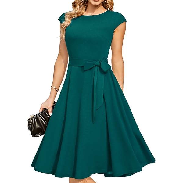 Amazon.com: Women's Cap Sleeve Fit and Flared Dress Summer Cocktail Elegant  Midi Dresses with Belt MY227 (Wine, L) : Clothing, Shoes & Jewelry