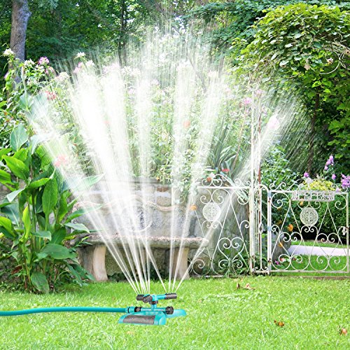 Lawn Sprinkler, Automatic 360°Rotating Garden Sprinkler Heads Adjustable Garden Watering Sprinklers with 3600 SQ FT Coverage Lawn Irrigation System Leak Free Design Durable 3 Arm Sprayer for Kids Play