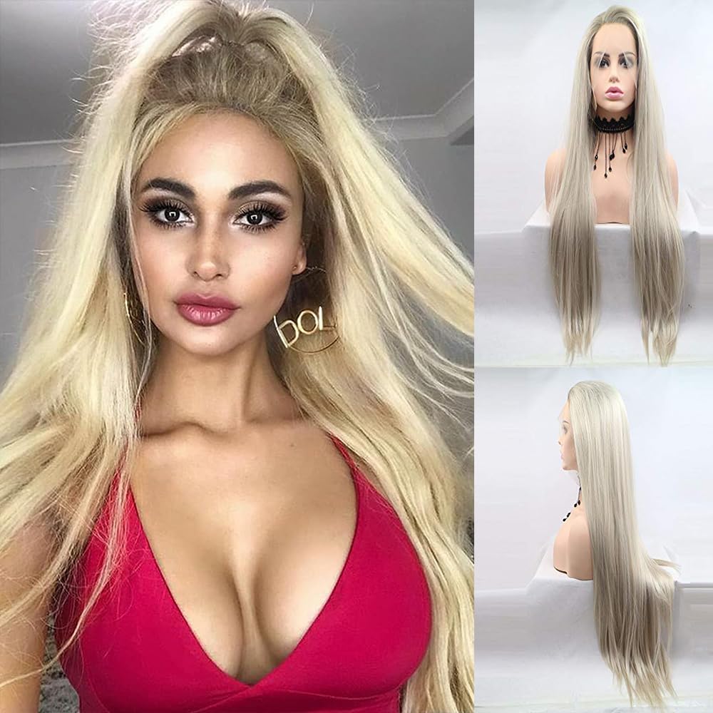 Xiweiya Long Straight Blonde Wig with Golden Roots Synthetic Ombre Blonde Lace Front Wigs 13x3 Lace Wig Full Wigs Natural Hairline Heat Resistant Hair 180% Denstiy Half Hand Tied for Women 24inch โ image 1