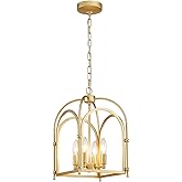 4-Light Gold Chandelier, Modern Farmhouse Lantern Chandelier with Rustic Cage Hanging Pendant Light Fixture for Kitchen Islan