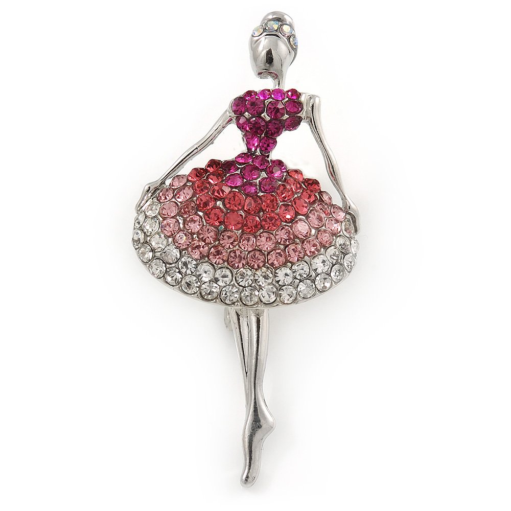 Clear/Pink/Magenta Crystal Ballerina Brooch In Silver Tone Metal - 57mm L