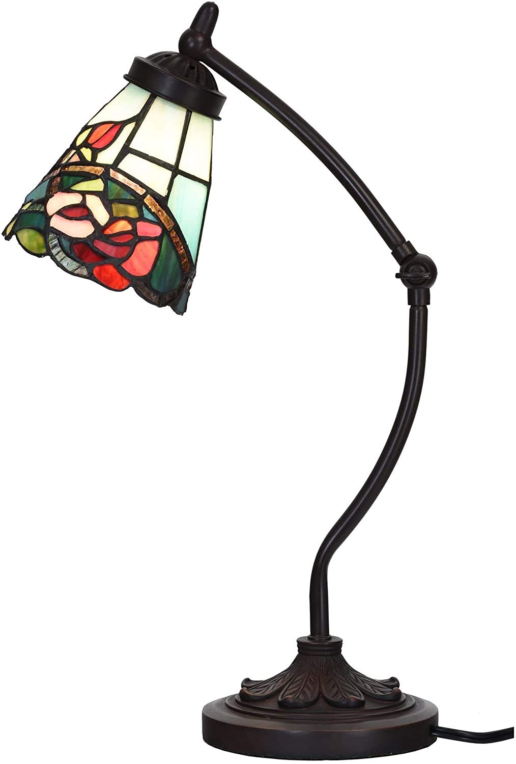 Bieye L30759 Rose Flower Tiffany Style Stained Glass Rocker Arm Desk Lamp Night Light with 5 inch Wide Lampshade for Working Reading Table, Green Red, 19 inch Tall