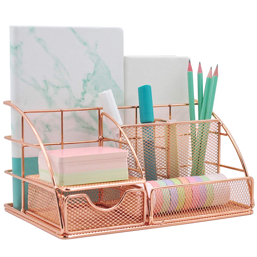 Rose Gold Desk Organizer for Women, EASEPRES All in One Mesh Office
